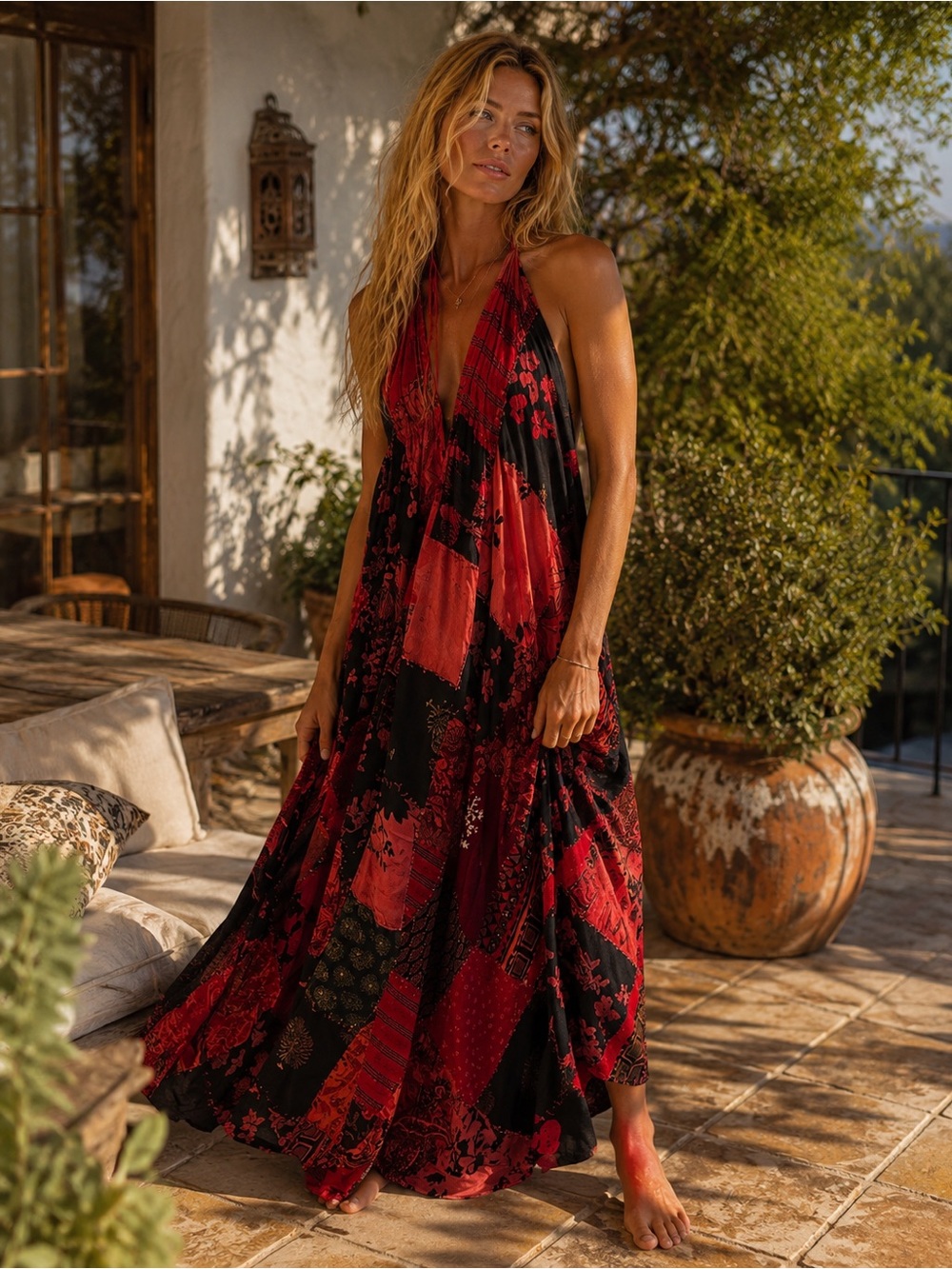 Anantā Red & Black Patchwork Halter Maxi Dress